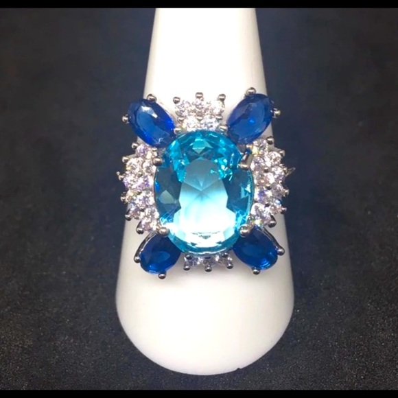 Art Deco W/Oval Cut 11.87CT Aquamarine W/Blue Sapphire & White Cluster Ring - Picture 4 of 6